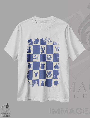 تیشرت سفید طرح دار – تیشرت مینیمال ,"صفحه شطرنجی میانه قرن" اثر استودیو هنری میهو فروشگاه ایماژ
