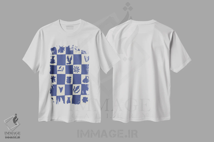 تیشرت سفید طرح دار – تیشرت مینیمال ,"صفحه شطرنجی میانه قرن" اثر استودیو هنری میهو فروشگاه ایماژ