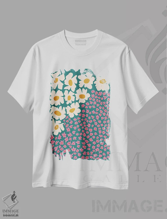 تیشرت سفید طرح دار – تیشرت پاپ آرت ,"گل انتزاعی پاپ آرت " اثر استودیو هنری میهو immage.ir