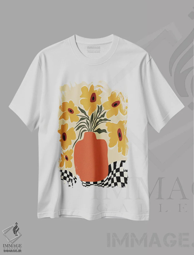 تیشرت سفید طرح دار – تیشرت تابستانی ,"گلدان تابستانی با طرح چهارخانه" اثر استودیو هنری میهو فروشگاه ایماژ