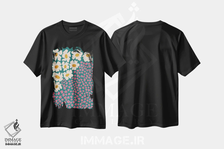تیشرت مشکی طرح دار – تیشرت پاپ آرت ,"گل انتزاعی پاپ آرت " اثر استودیو هنری میهو فروشگاه ایماژ