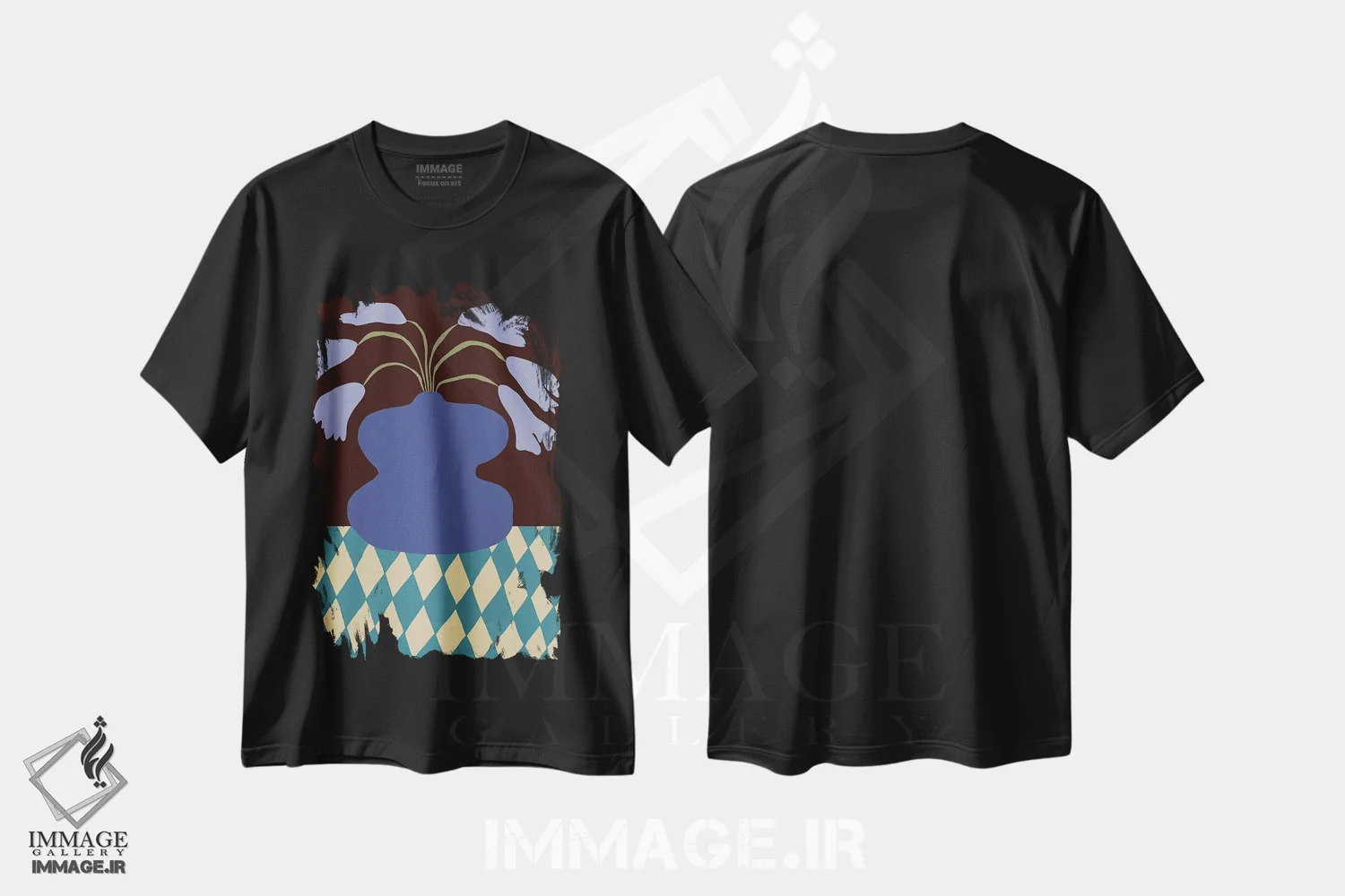 تیشرت مشکی طرح دار – تیشرت هنری ,"سرامیک بنفش و لیلیه افتاده" اثر استودیو هنری میهو immage.ir