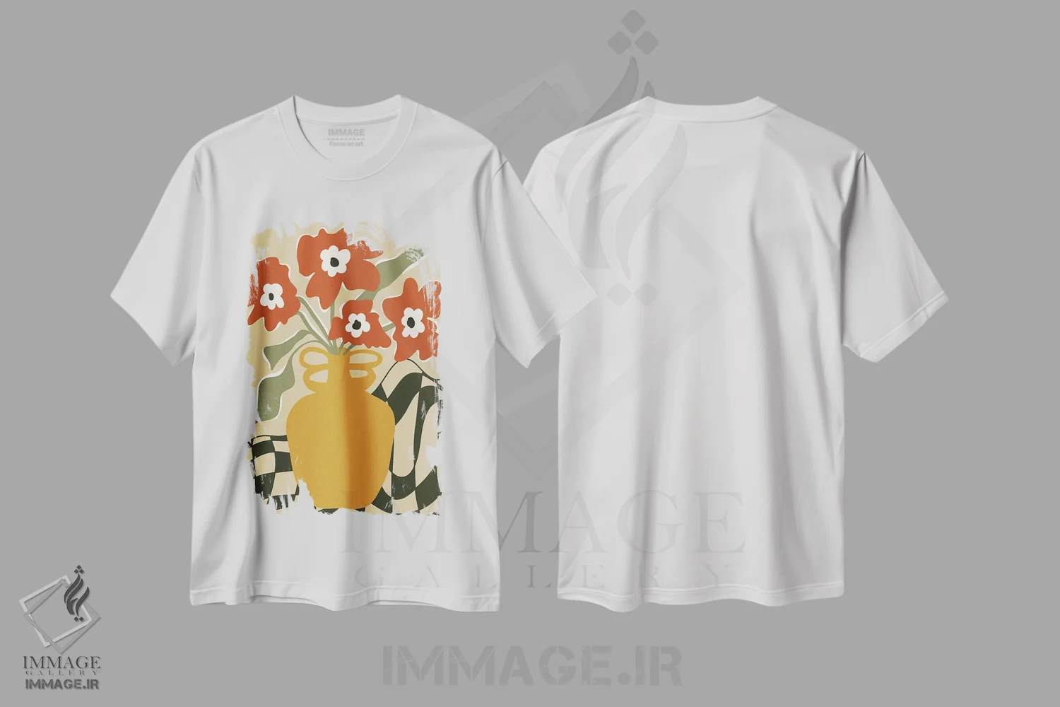 تیشرت سفید طرح دار – تیشرت رترو ,"گلدان گل چهارخانه رترو" اثر استودیو هنری میهو immage.ir