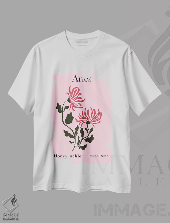 تیشرت سفید طرح دار – تیشرت زودیاک ,"زنبق حمل" اثر استودیو هنری میهو immage.ir
