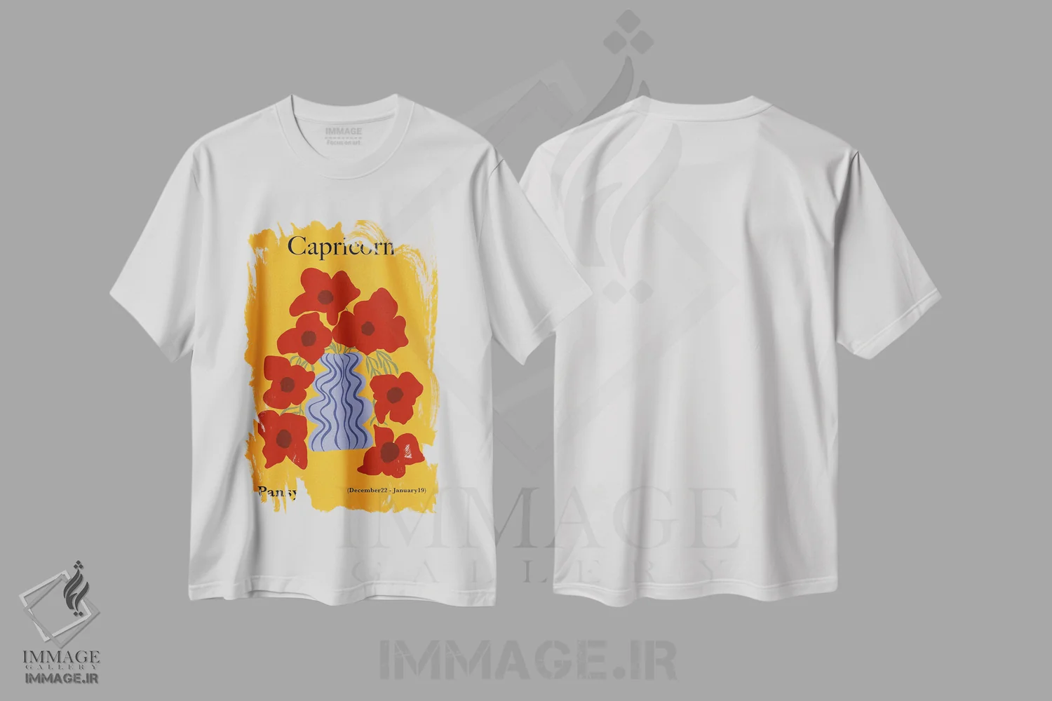 تیشرت سفید طرح دار – تیشرت زودیاک ,"گل بنفشه برج جدی" اثر استودیو هنری میهو immage.ir