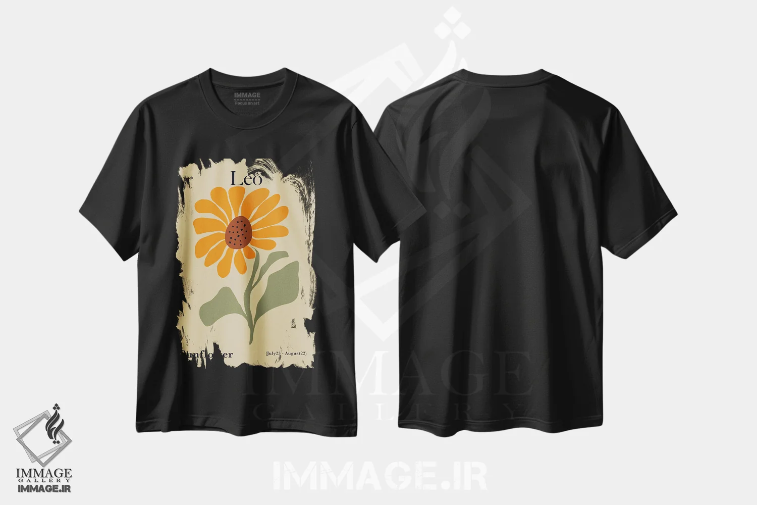 تیشرت مشکی طرح دار – تیشرت زودیاک ,"آفتابگردان اسد" اثر استودیو هنری میهو فروشگاه ایماژ