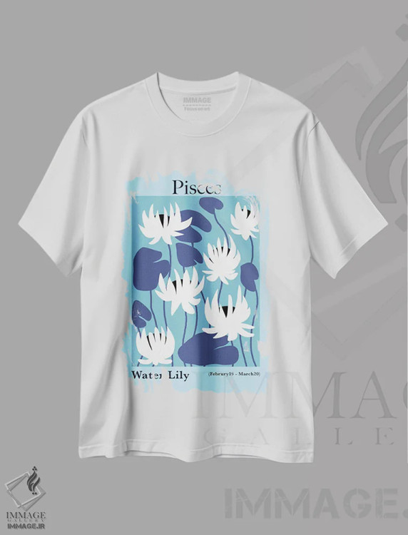تیشرت سفید طرح دار – تیشرت هنری ,"نیلوفر آبی حوت" اثر استودیو هنری میهو immage.ir