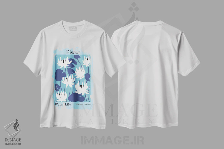 تیشرت سفید طرح دار – تیشرت هنری ,"نیلوفر آبی حوت" اثر استودیو هنری میهو immage.ir