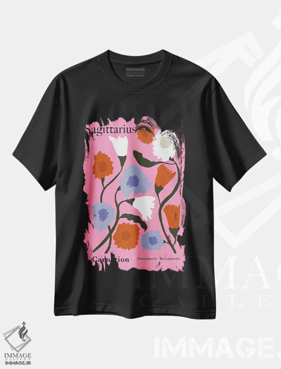 تیشرت مشکی طرح دار – تیشرت هنری ,"میخک قوس" اثر استودیو هنری میهو immage.ir