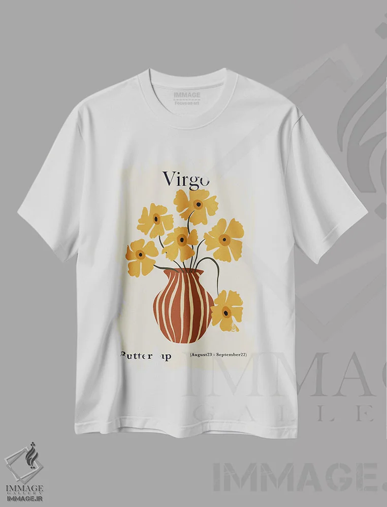 تیشرت سفید طرح دار – تیشرت زودیاک ,"گل جعفری سنبله" اثر استودیو هنری میهو immage.ir