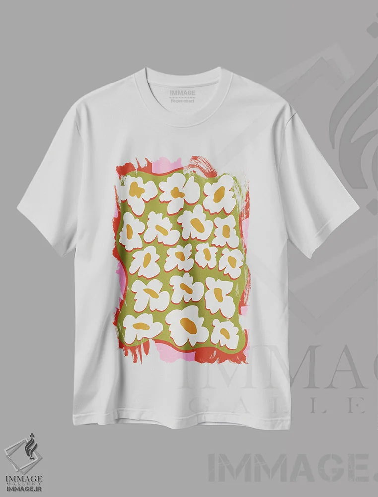 تیشرت سفید طرح دار – تیشرت رترو ,"شکوفه رترو دهه هفتاد" اثر استودیو هنری میهو فروشگاه ایماژ