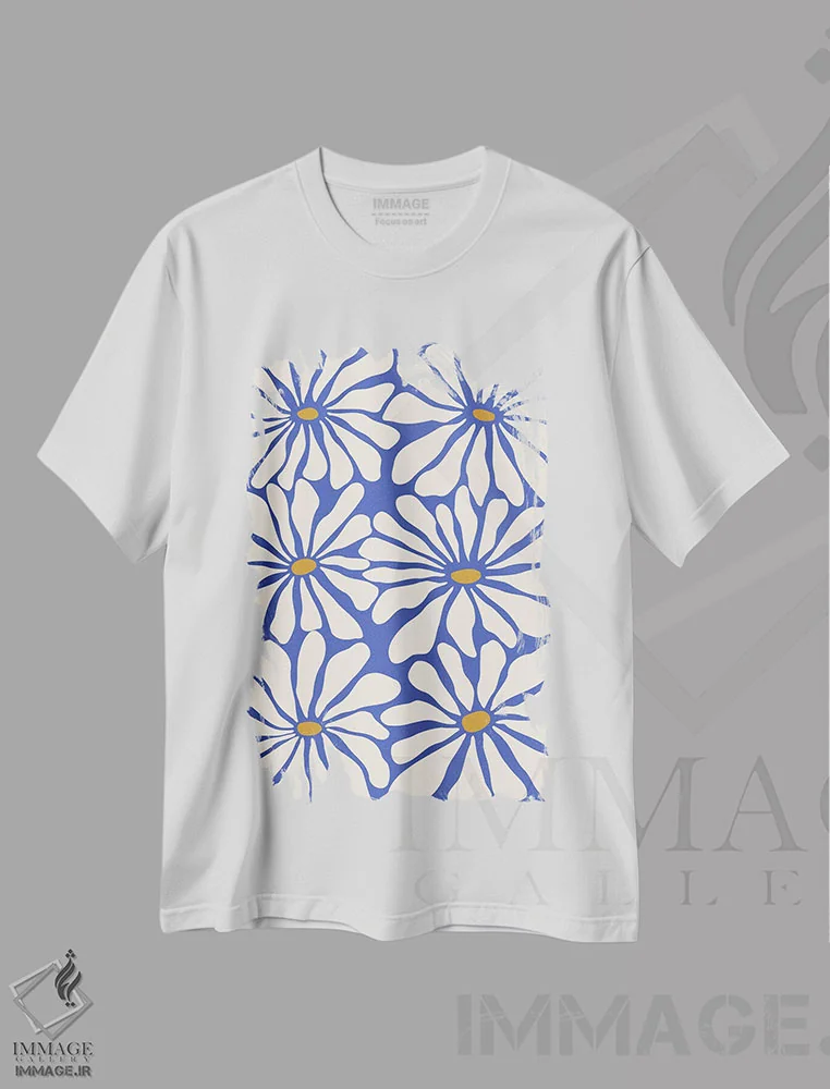 تیشرت سفید طرح دار – تیشرت گرافیکی رنگی ,"آبی گلدار آفتابی" اثر استودیو هنری میهو immage.ir
