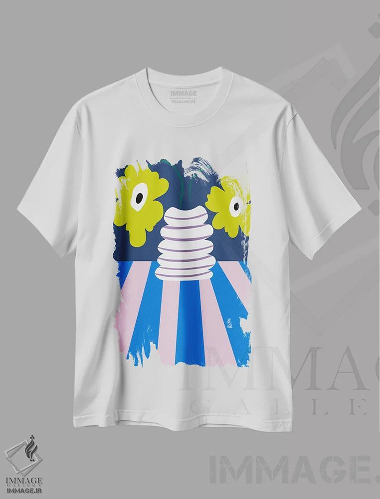 تیشرت سفید طرح دار – تیشرت هنری رنگارنگ ,"خاک رس انفجار رنگ" اثر استودیو هنری میهو فروشگاه ایماژ