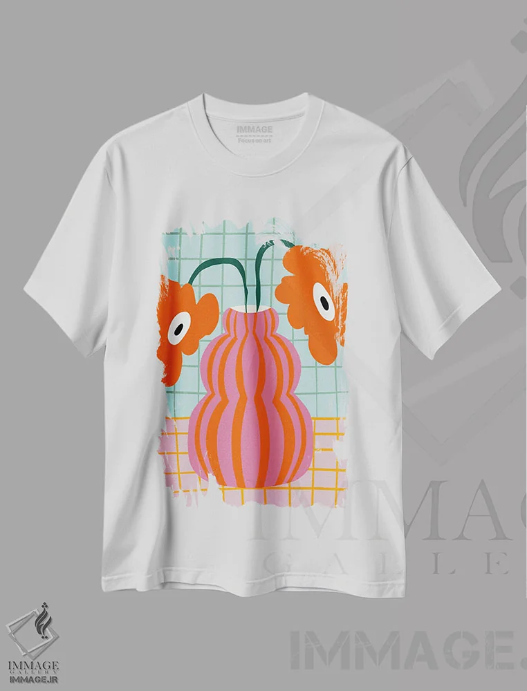 تیشرت سفید طرح دار – تیشرت رنگارنگ ,"شکوفه های رنگارنگ خاک رس" اثر استودیو هنری میهو immage.ir