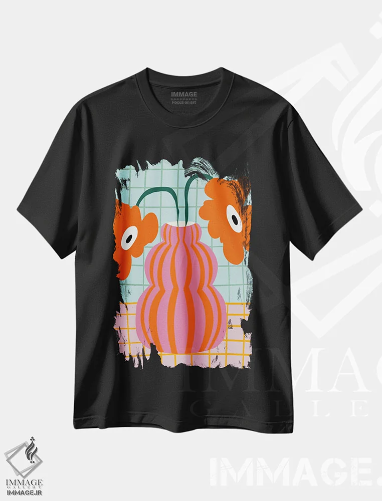 تیشرت مشکی طرح دار – تیشرت رنگارنگ ,"شکوفه های رنگارنگ خاک رس" اثر استودیو هنری میهو فروشگاه ایماژ