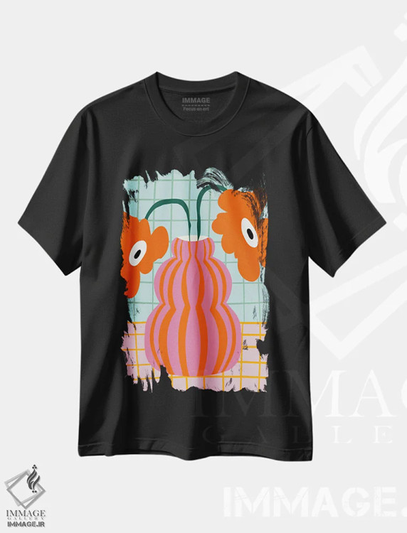 تیشرت مشکی طرح دار – تیشرت رنگارنگ ,"شکوفه های رنگارنگ خاک رس" اثر استودیو هنری میهو فروشگاه ایماژ