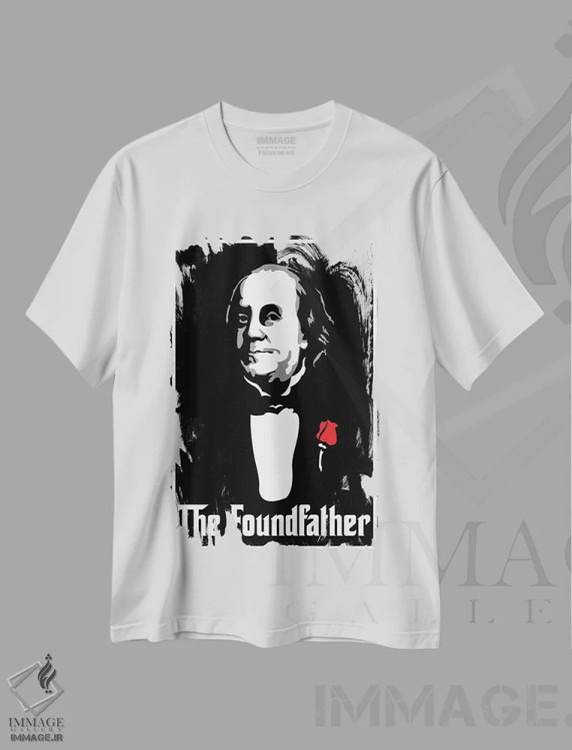 تیشرت سفید طرح دار – تیشرت سینمایی ,"پدر بنیان گذار" اثر کریستین میلئو فروشگاه ایماژ