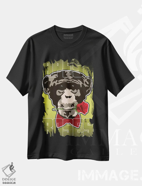 تیشرت مشکی طرح دار – تیشرت حیوانات ,"میمون ها و گل ها " اثر کریستین میلئو فروشگاه ایماژ