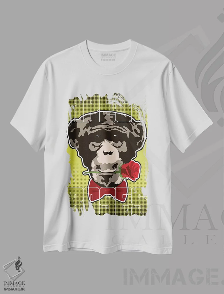 تیشرت سفید طرح دار – تیشرت حیوانات ,"میمون ها و گل ها " اثر کریستین میلئو immage.ir