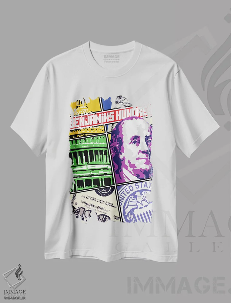 تیشرت سفید طرح دار – تیشرت پاپ آرت ,"جلد کمیک بنجامین فرانکلین" اثر کریستین میلئو فروشگاه ایماژ