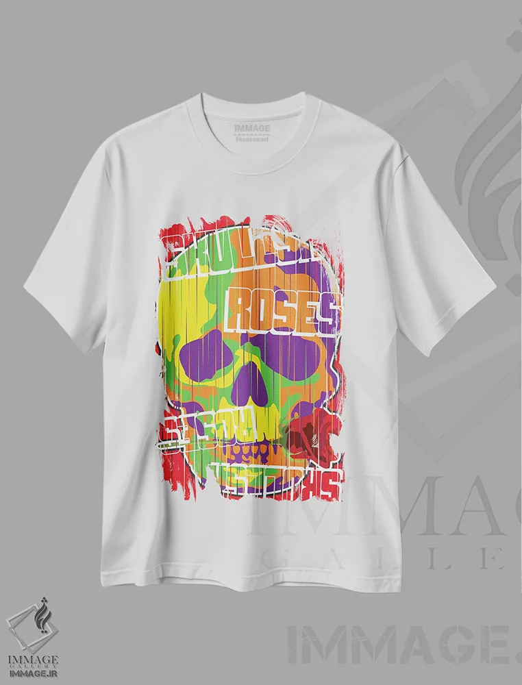 تیشرت سفید طرح دار – تیشرت فانتزی ,"جمجمه ها و گل ها" اثر کریستین میلئو immage.ir