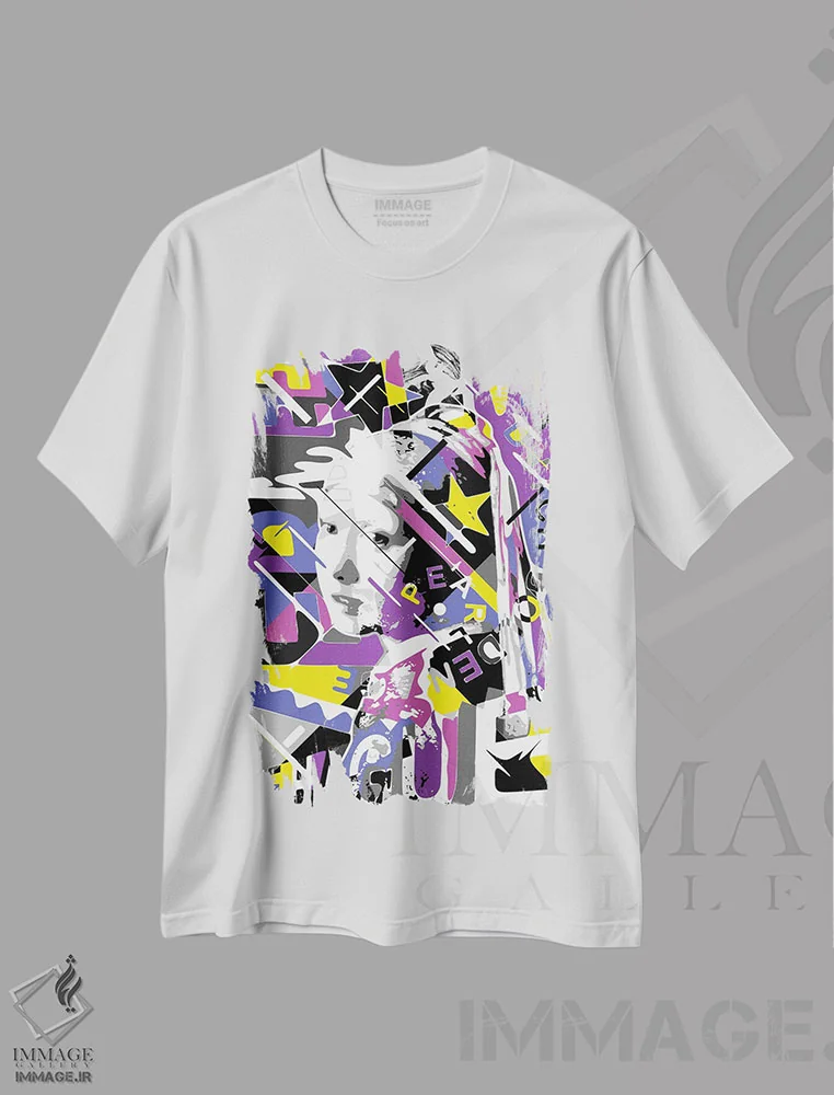 تیشرت سفید طرح دار – تیشرت هنری ,گوشواره مروارید اثر کریستین میلئو immage.ir