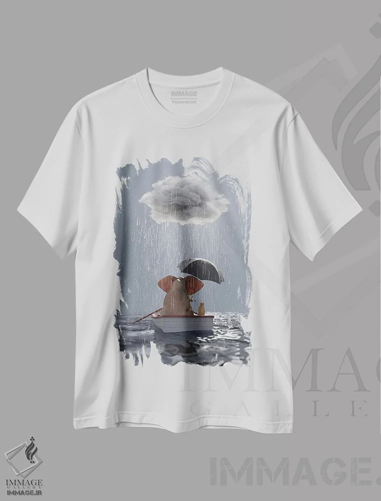 تیشرت سفید طرح دار – تیشرت طبیعت ,یک فیل و یک سگ در قایقی در باران شناورند اثر مایک کیف immage.ir