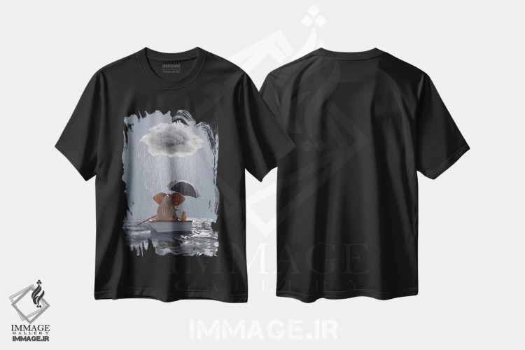 تیشرت مشکی طرح دار – تیشرت طبیعت ,یک فیل و یک سگ در قایقی در باران شناورند اثر مایک کیف فروشگاه ایماژ