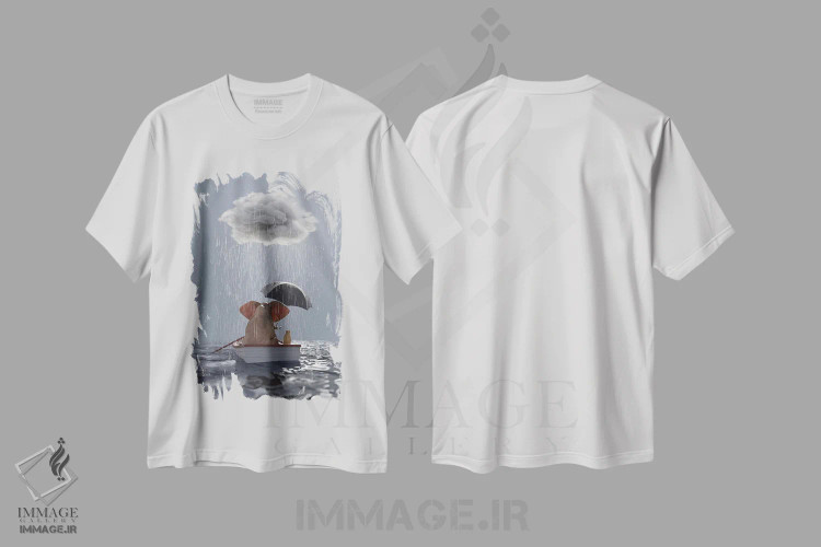 تیشرت سفید طرح دار – تیشرت طبیعت ,یک فیل و یک سگ در قایقی در باران شناورند اثر مایک کیف immage.ir