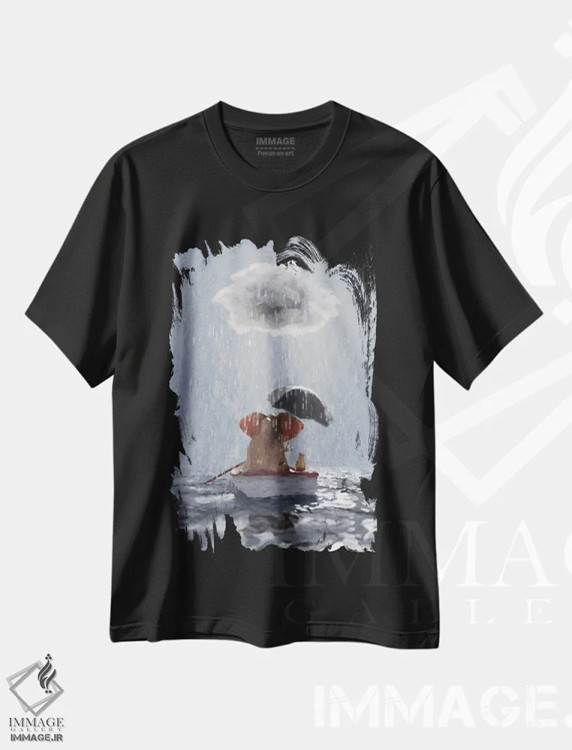 تیشرت مشکی طرح دار – تیشرت طبیعت ,یک فیل و یک سگ در قایقی در باران شناورند اثر مایک کیف فروشگاه ایماژ