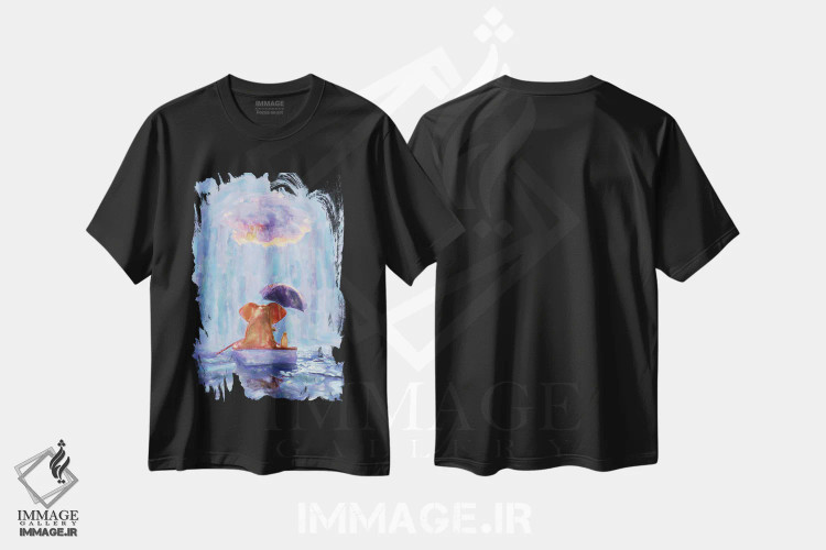 تیشرت مشکی طرح دار – تیشرت شاعرانه ,یک فیل و یک سگ در قایقی در باران شناورند اثر مایک کیف immage.ir