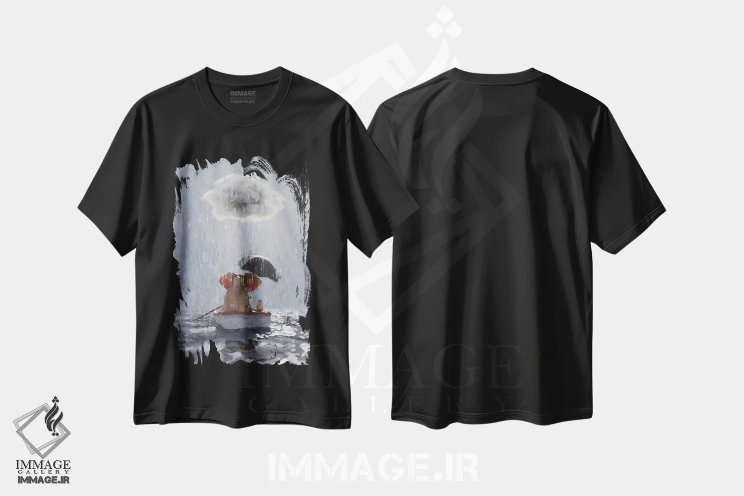 تیشرت مشکی طرح دار – تیشرت طبیعت ,یک فیل و یک سگ در قایقی در باران شناورند اثر مایک کیف فروشگاه ایماژ