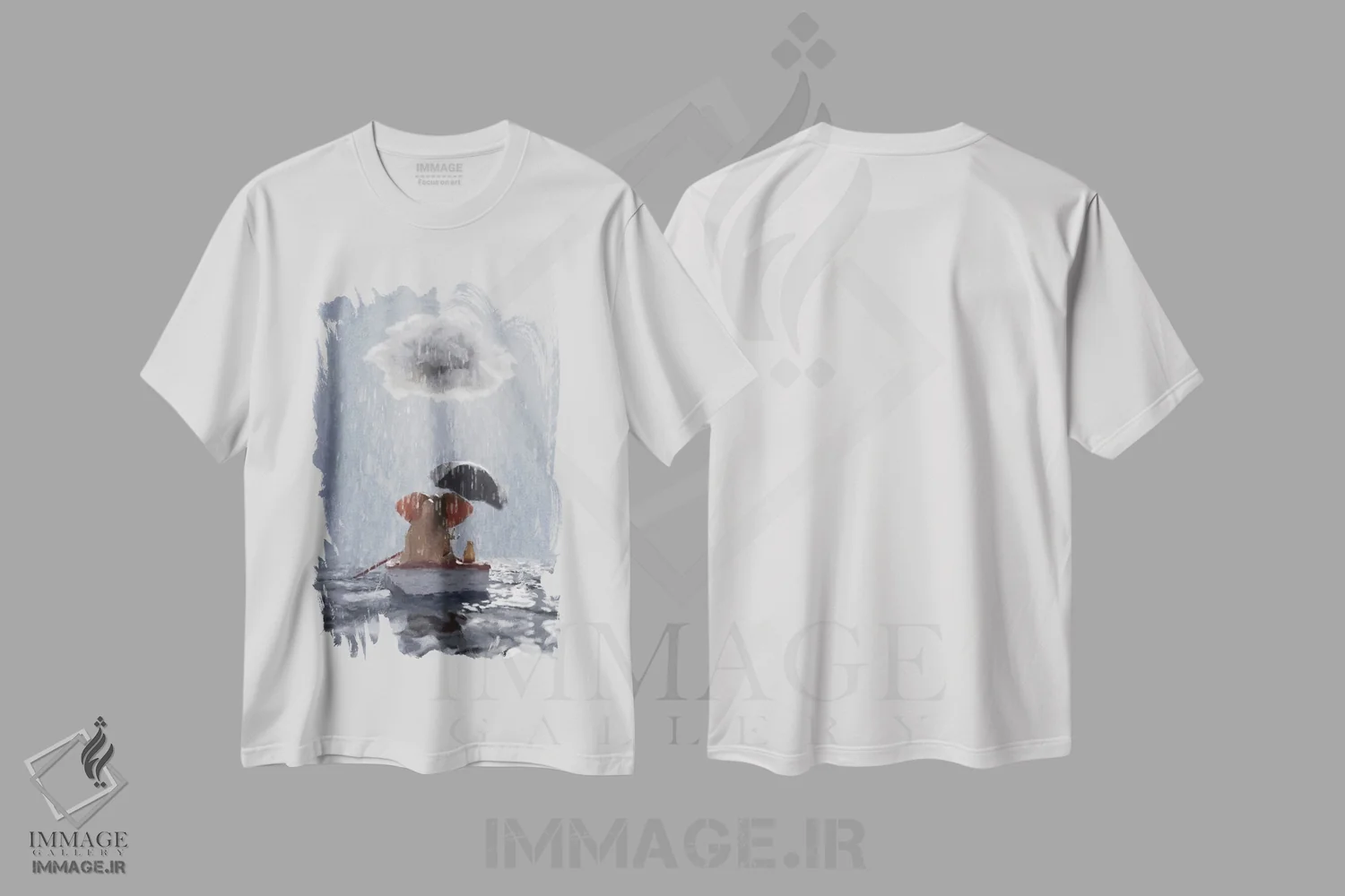 تیشرت سفید طرح دار – تیشرت طبیعت ,یک فیل و یک سگ در قایقی در باران شناورند اثر مایک کیف immage.ir