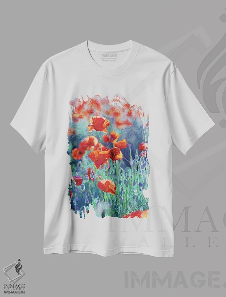 تیشرت سفید طرح دار – تیشرت طبیعت ,مزرعه شقایق های قرمز، نقاشی دیجیتال اثر مایک کیف immage.ir