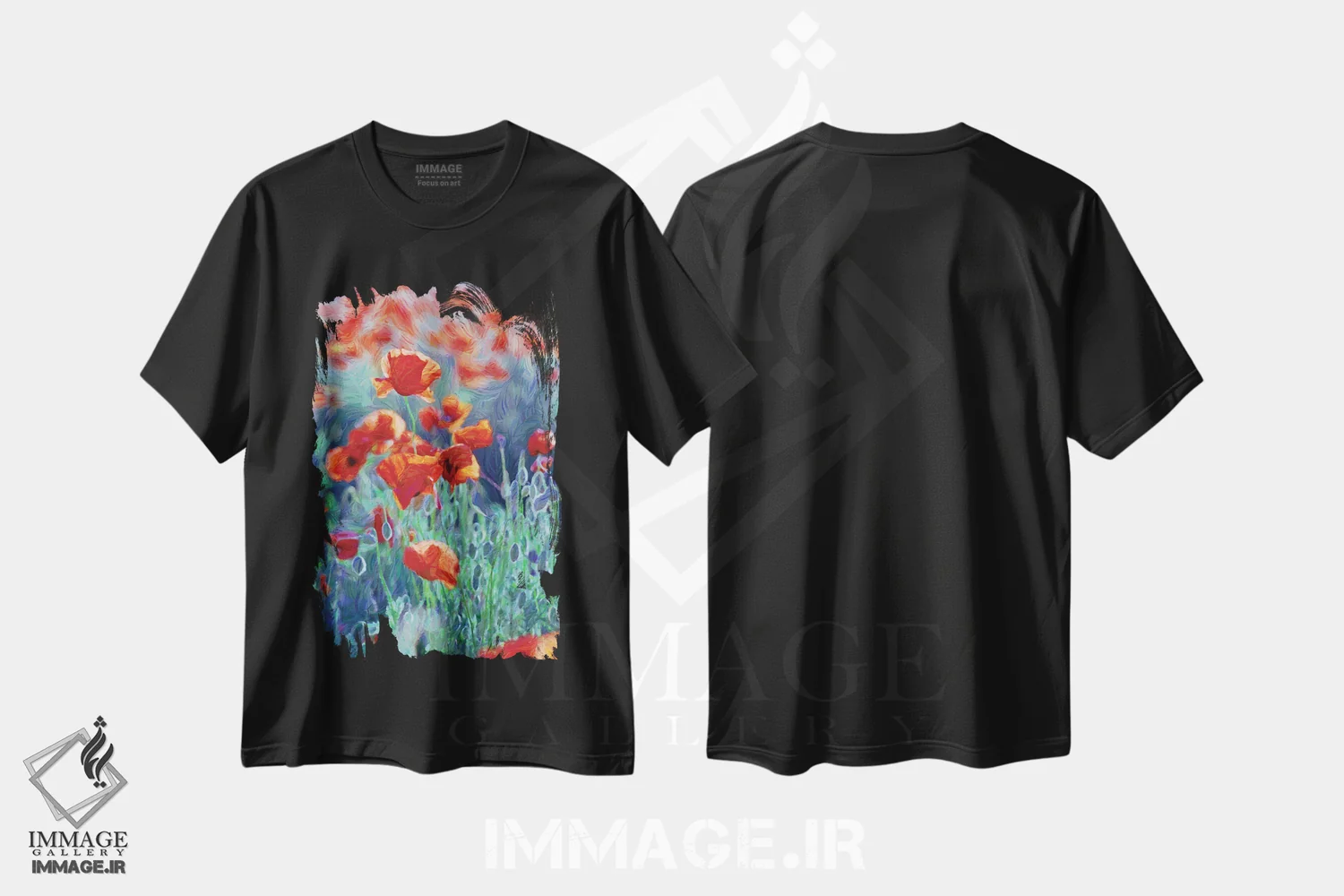 تیشرت مشکی طرح دار – تیشرت طبیعت ,مزرعه شقایق های قرمز، نقاشی دیجیتال اثر مایک کیف فروشگاه ایماژ