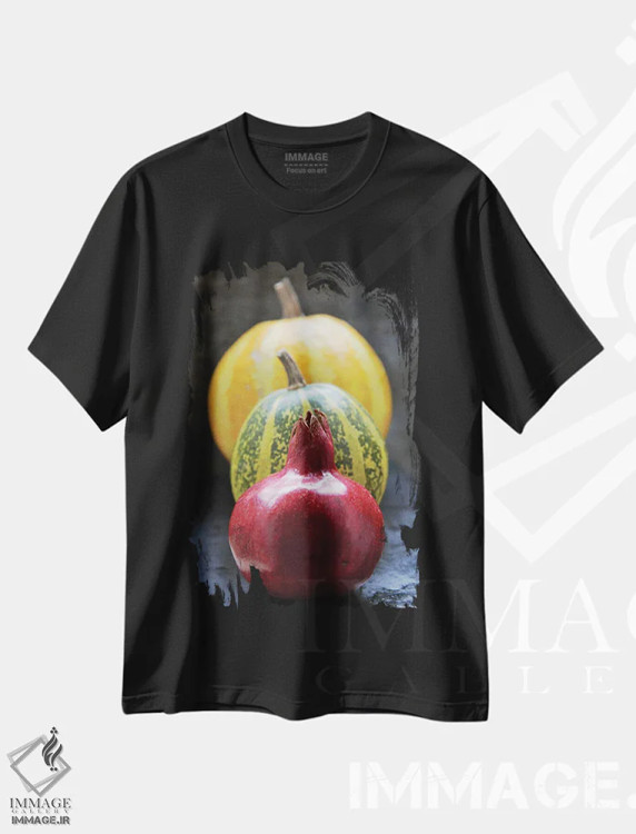 تیشرت مشکی طرح دار – تیشرت هنری ,انار و کدو تنبل روی زمینه سیاه اثر مایک کیف فروشگاه ایماژ