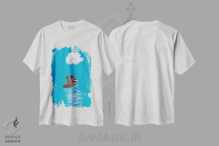 تیشرت سفید طرح دار – تیشرت کودکانه ,فیل و سگ در قایقی در دریای آبی سفر می کنند اثر مایک کیف immage.ir