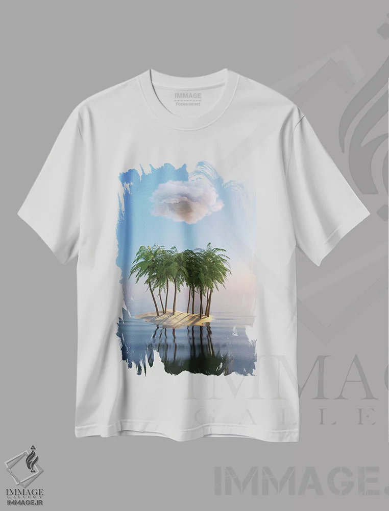 تیشرت سفید طرح دار – تیشرت طبیعت ,جزیره کوچک گرمسیری در دریا اثر مایک کیف فروشگاه ایماژ