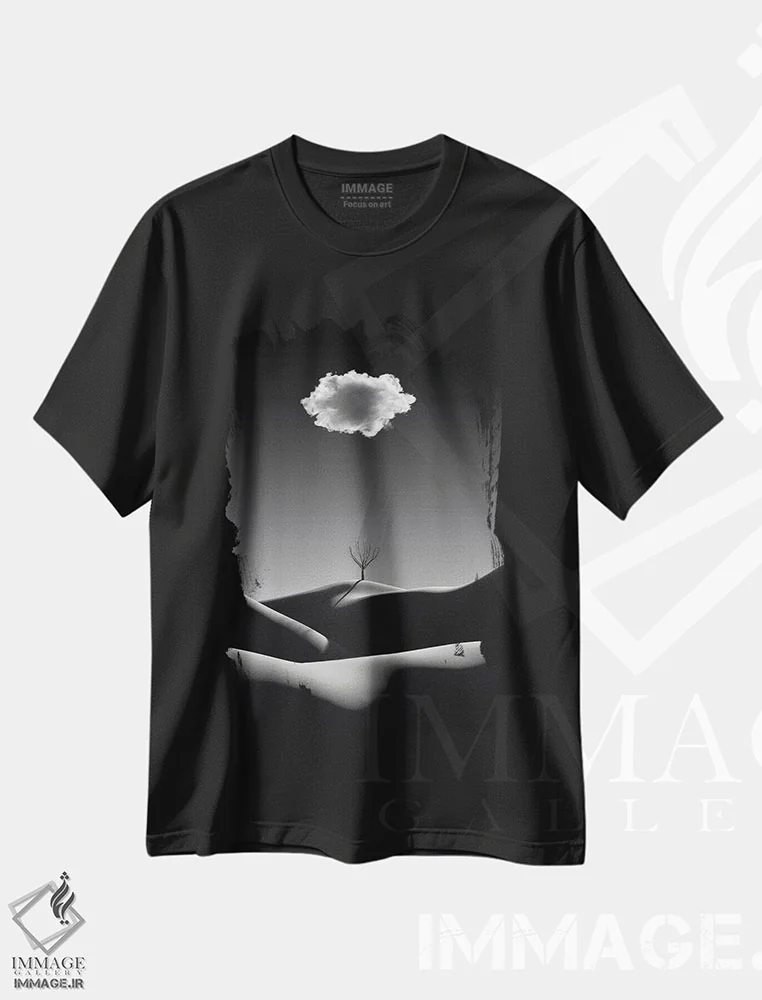 تیشرت مشکی طرح دار – تیشرت مینیمال ,منظره مینیمالیستی سیاه و سفید با ابر سفید اثر مایک کیف فروشگاه ایماژ