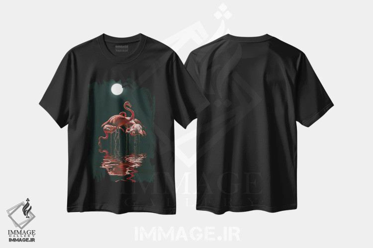 تیشرت مشکی طرح دار – تیشرت حیوانات ,فلامینگو در شب مهتابی اثر مایک کیف immage.ir