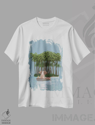 تیشرت سفید طرح دار – تیشرت فانتزی ,فیل و سگ با قایق به جزیره می روند اثر مایک کیف فروشگاه ایماژ