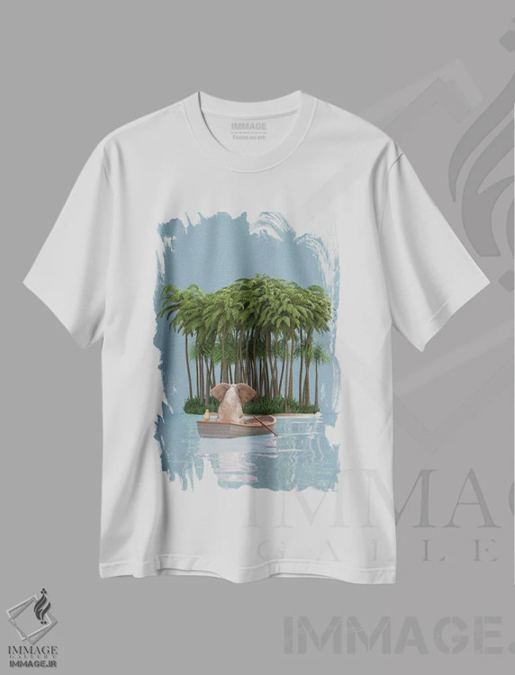 تیشرت سفید طرح دار – تیشرت فانتزی ,فیل و سگ با قایق به جزیره می روند اثر مایک کیف فروشگاه ایماژ