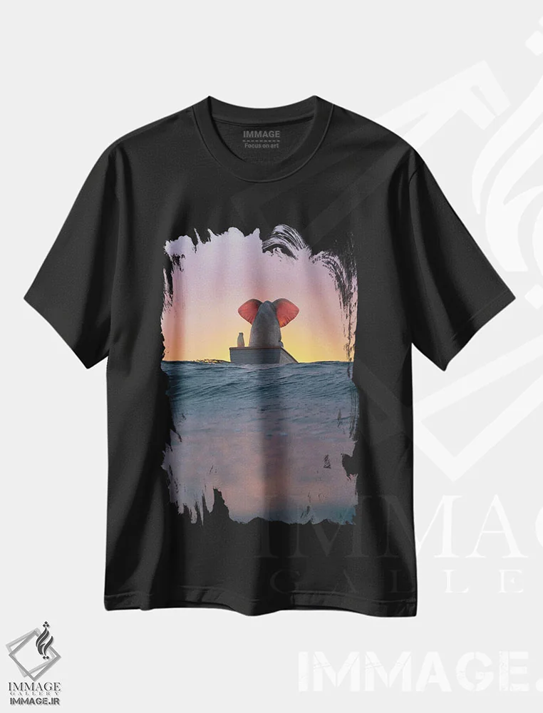 تیشرت مشکی طرح دار – تیشرت حیوانات ,فیل و سگ با قایق روی موج های دریا اثر مایک کیف فروشگاه ایماژ