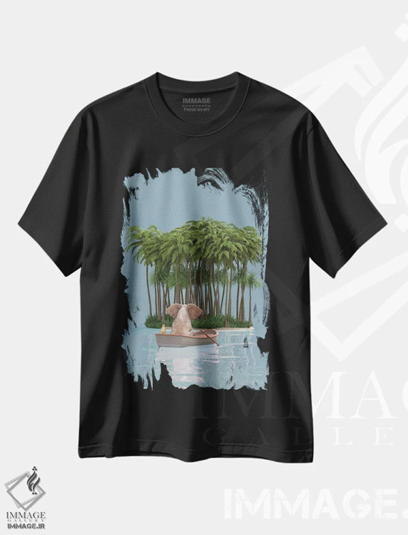 تیشرت مشکی طرح دار – تیشرت فانتزی ,فیل و سگ با قایق به جزیره می روند اثر مایک کیف immage.ir