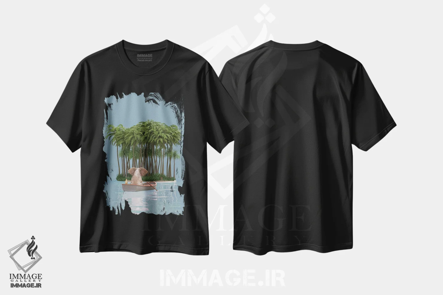 تیشرت مشکی طرح دار – تیشرت فانتزی ,فیل و سگ با قایق به جزیره می روند اثر مایک کیف immage.ir