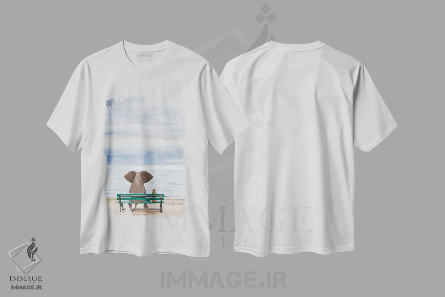 تیشرت سفید طرح دار – تیشرت هنری ,فیل و سگ روی نیمکت کنار دریا نشسته اند اثر مایک کیف فروشگاه ایماژ