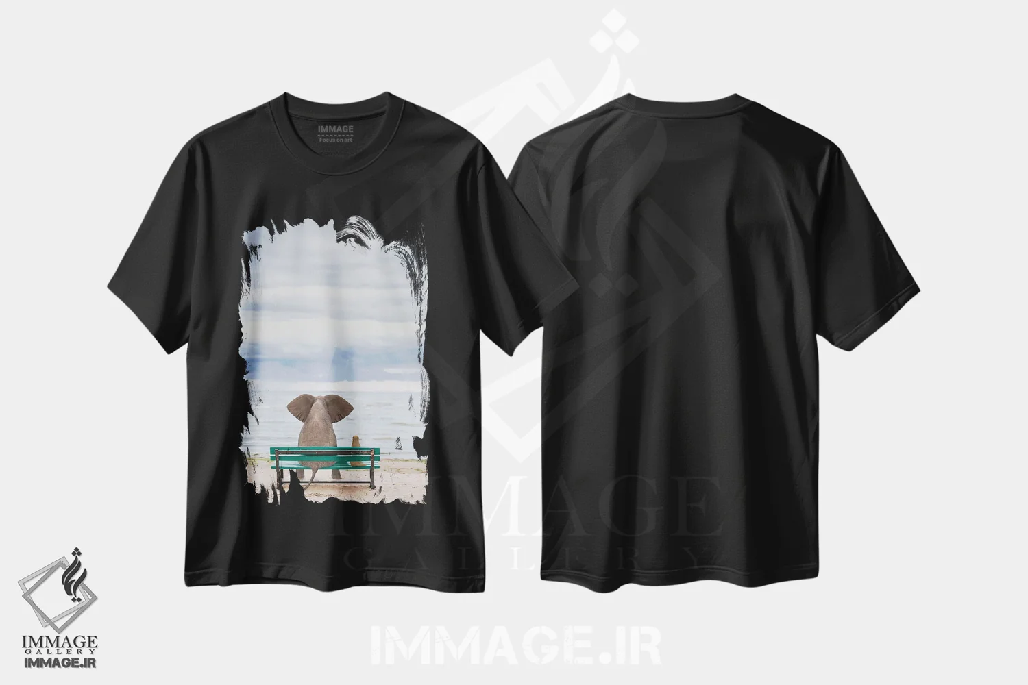 تیشرت مشکی طرح دار – تیشرت هنری ,فیل و سگ روی نیمکت کنار دریا نشسته اند اثر مایک کیف immage.ir