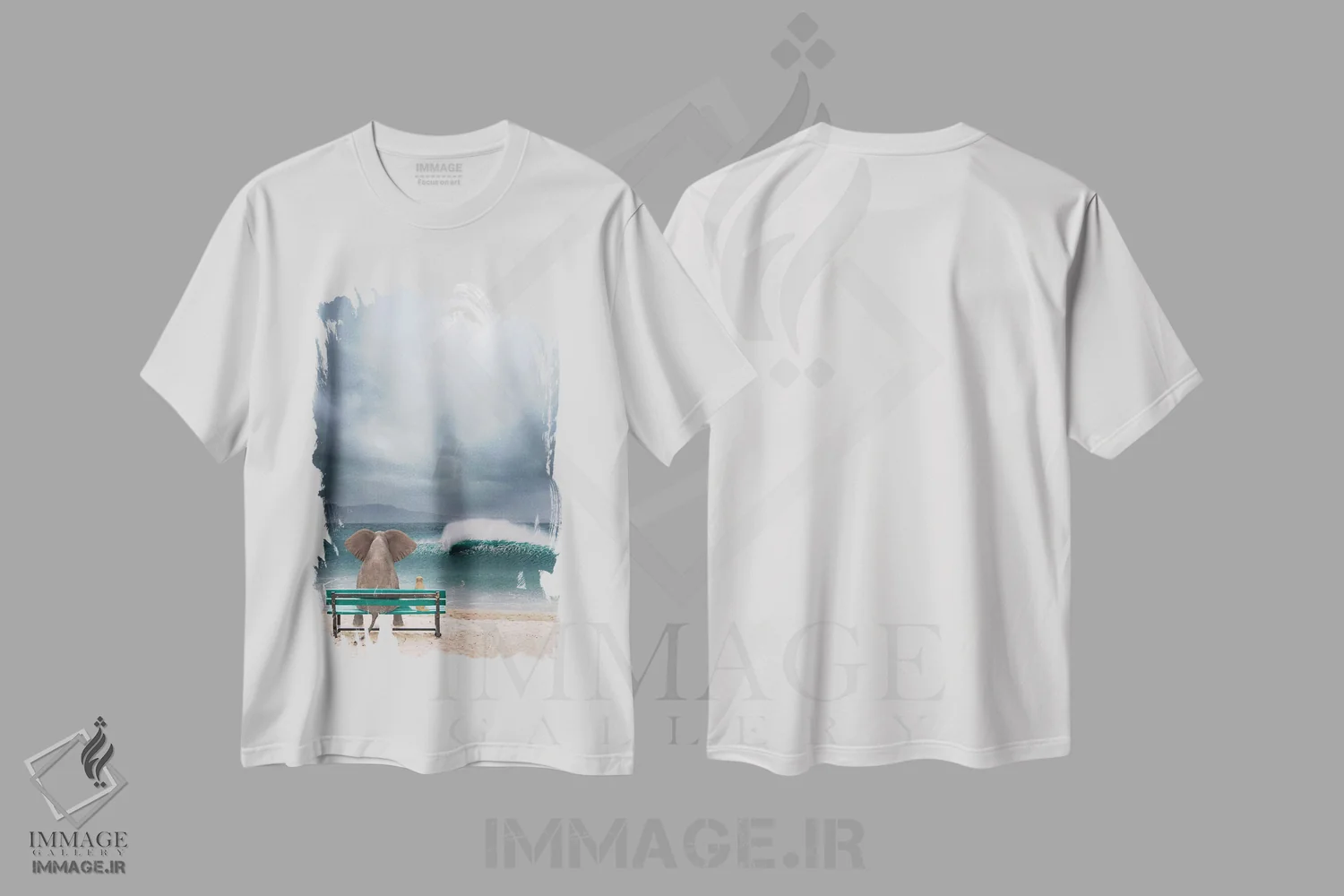 تیشرت سفید طرح دار – تیشرت حیوانات ,فیل و سگ کنار دریا در طوفان نشسته اند اثر مایک کیف فروشگاه ایماژ