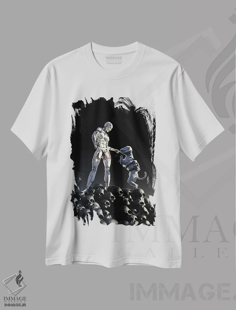 تیشرت سفید طرح دار – تیشرت گیمینگ ,ربات و سگ روی تلی از جمجمه ها ایستاده اند اثر مایک کیف immage.ir