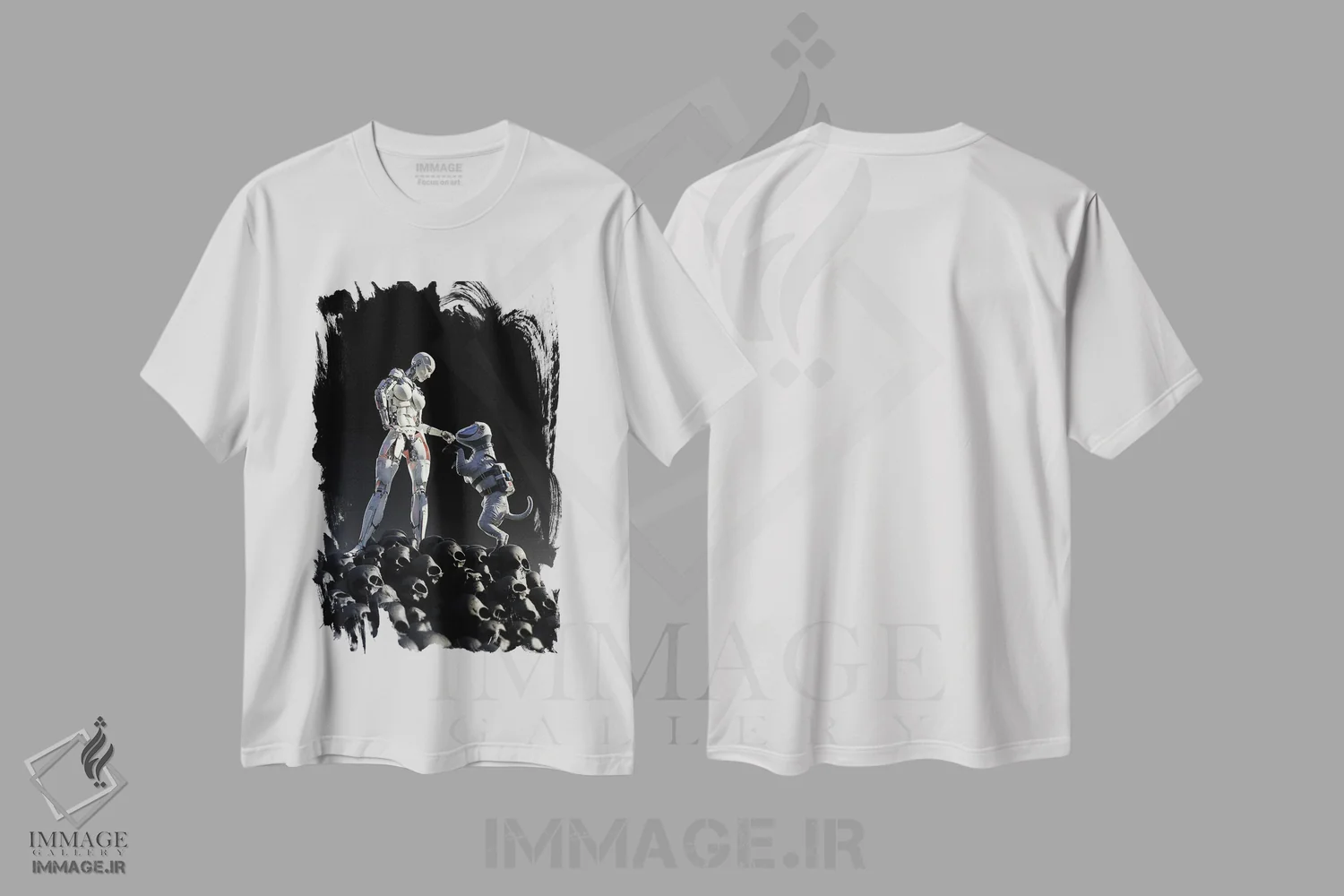 تیشرت سفید طرح دار – تیشرت گیمینگ ,ربات و سگ روی تلی از جمجمه ها ایستاده اند اثر مایک کیف immage.ir